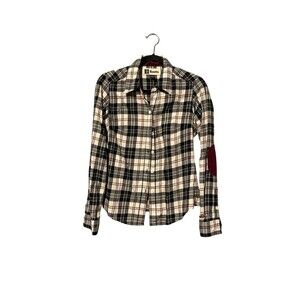 Roots Flannel Shirt Feminine Cut Size XS White Black Maroon Elbow Patches READ